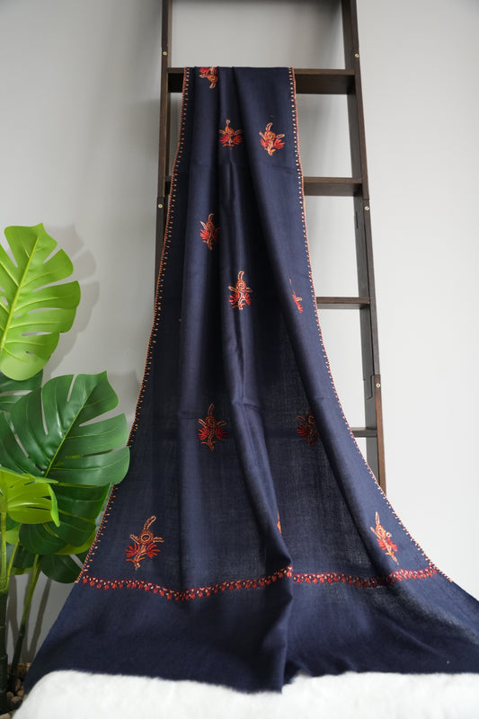 Blue Buteh Embroidered Cashmere Stole Wrap