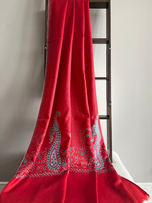 Red Paisley Embroidered Cashmere Shawl